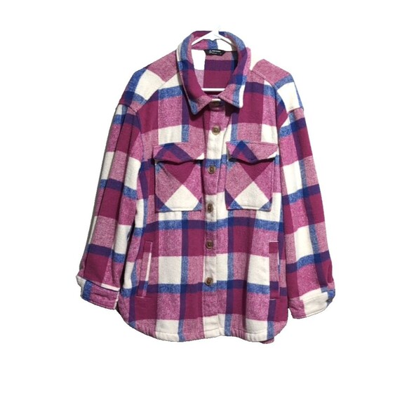 Women's Flannel Shacket Size XL Button Up Long Sleeve Warm Plaid Purple Pink - Picture 1 of 16
